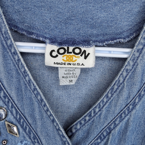 Vintage Colon Made in USA Denim Button Down V Neck Bedazzled Jewel Top M - Picture 3 of 8